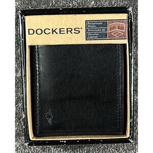 DOCKERS Men's Black Bifold Leather Pocketmate Wallet Removable Card ID NIB